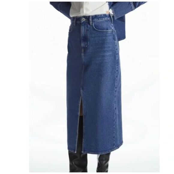 COS Denim Aline Midi Skirt Front and Back Slits Pockets Dark Wash Size 6 - Picture 1 of 13